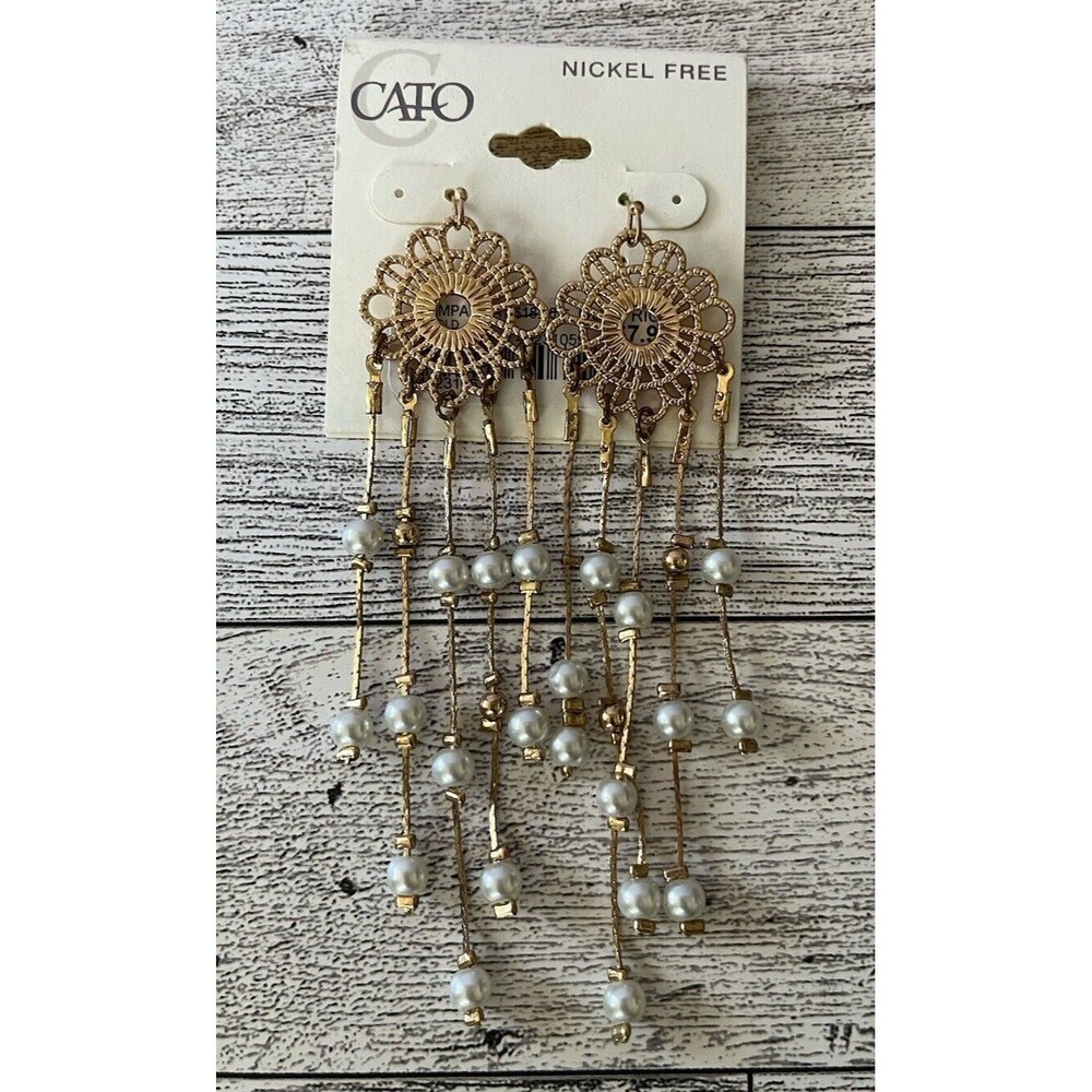 Cato Gold tone Faux Pearl Dangle Drop Earrings Nickel Free 4"
